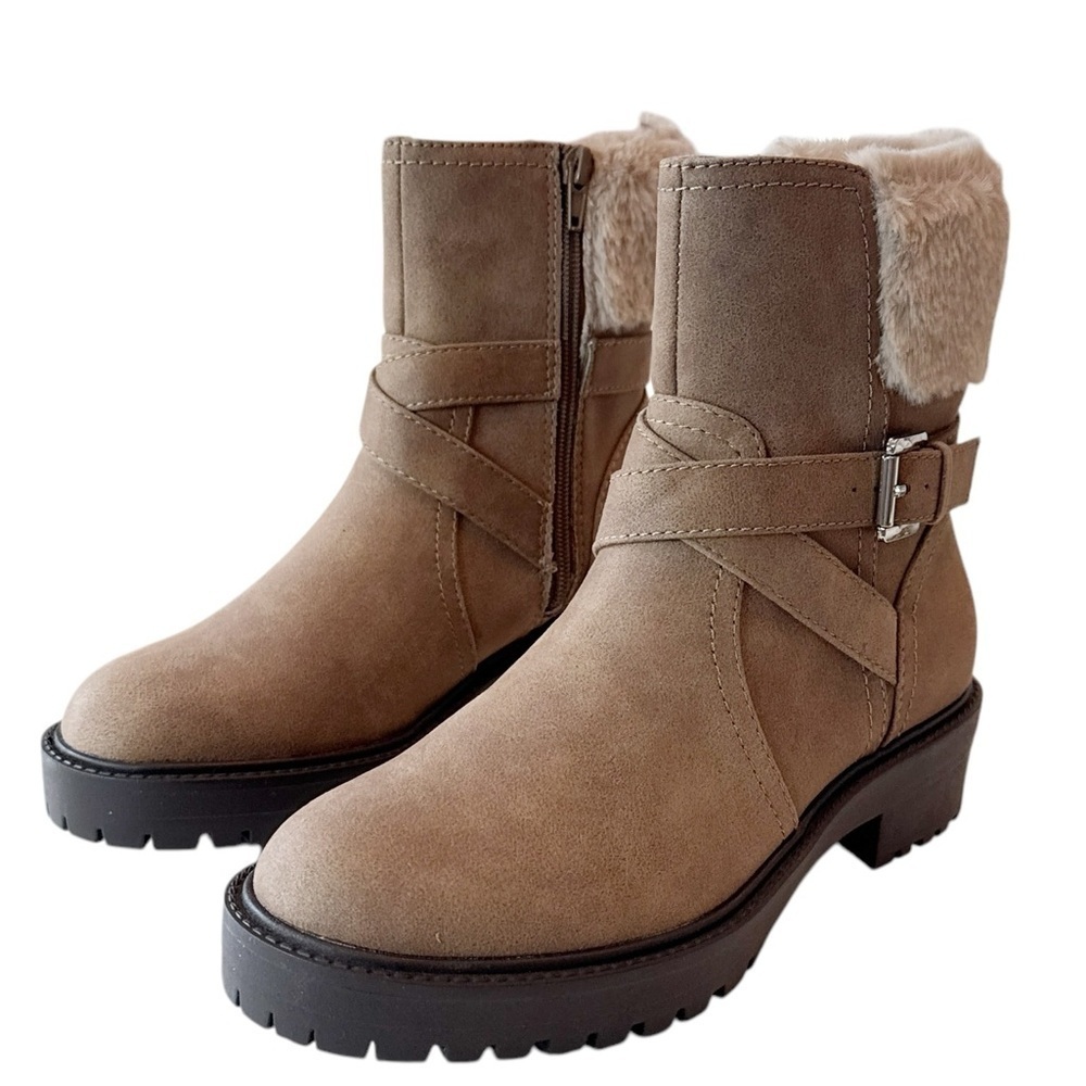 DV By Dolce Vita Oaklyn Faux Leather Boots Brown Fur Round Toe Zip Buckle 8.5
